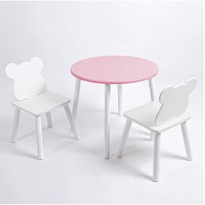 Комплект детский стол КРУГЛЫЙ и два стула МИШКА ROLTI Baby (розовая столешница/белое сиденье/белые ножки) в Полевском - polevskoy.mebel24.online | фото